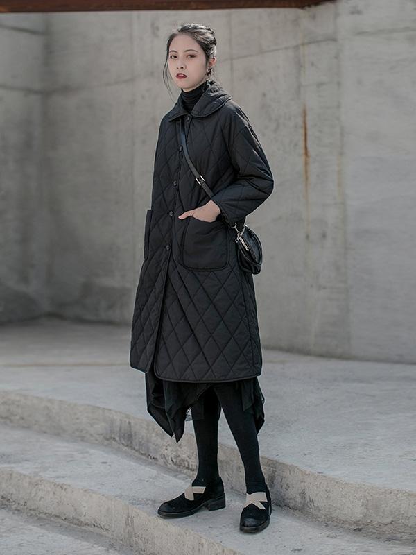 Solid Color Rhombic Long Cotton Coat