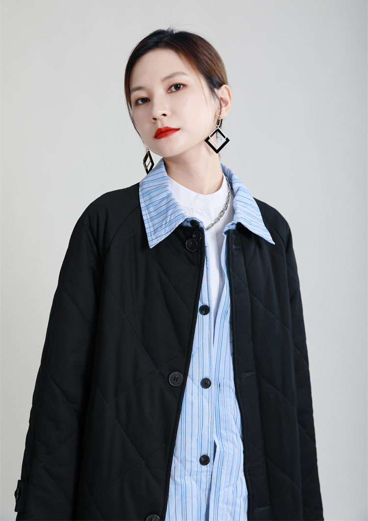 Retro Splicing Lapel Collar Midi Cotton Outwear