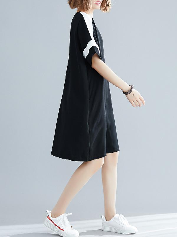 Plus Size Loose Chiffon Contrast Color Midi Dress