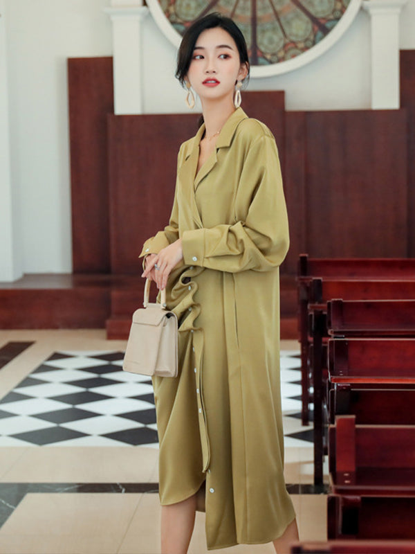 V-Neck Lapel Solid Long Sleeves Midi Dress
