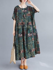 Artistic Retro Printed Round-Neck Dress