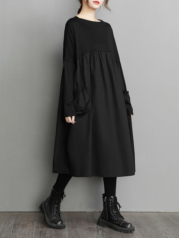 Minimalist Roomy Black Split-Joint Long Sleeves Midi Dress