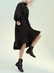 Retro Modern Style High Neck Diamond Quilted Loose Cotton Dress Fishtail Skirt Dress