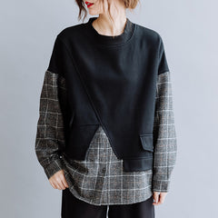 Women Loose Round Neck Plaid Stitching Casual Sweatshirt