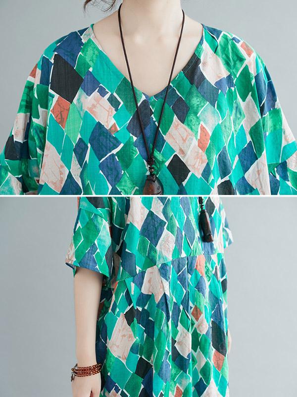 Loose Rhombus Print V-Neck Dress