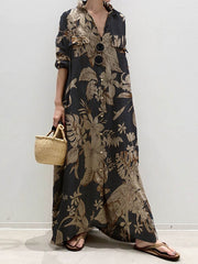 Retro Printed V Neck Maxi Dress