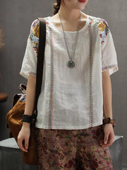 Vintage Embroidered Linen Round Collar T-Shirt