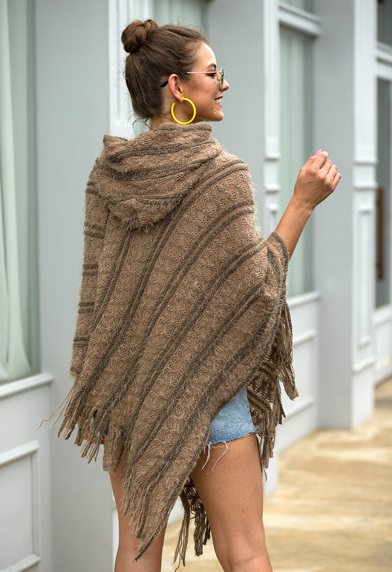 Casual Striped Knitted Hooded Shawl Sweater