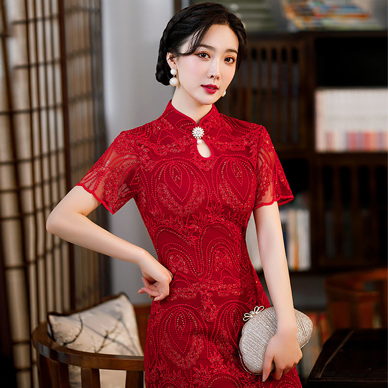 Sequin Hollowed Out Round Lapel Slim Fit Cheongsam With Low Slit Midi Dress