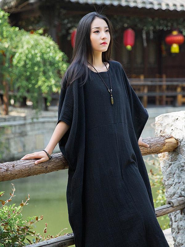 Loose Solid Batwing Sleeves Round-Neck Midi Dress