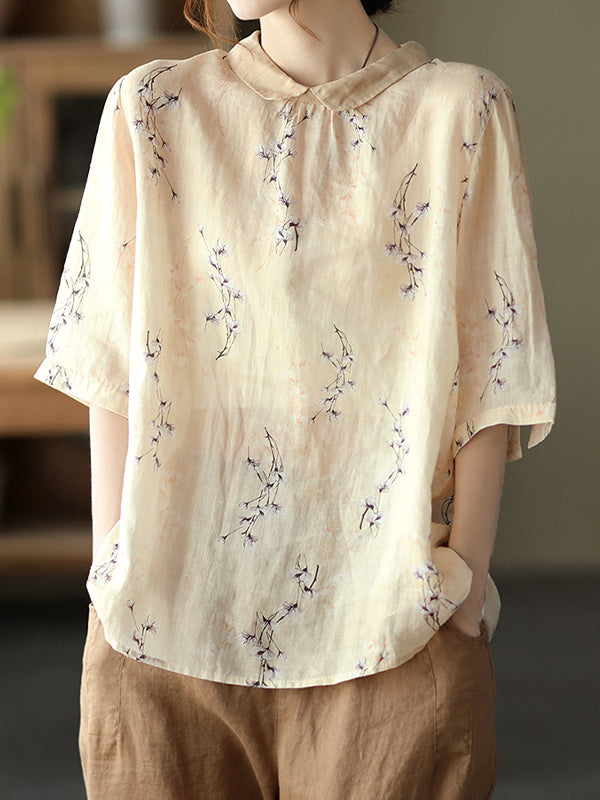 Summer Retro Printed Lapel Blouse