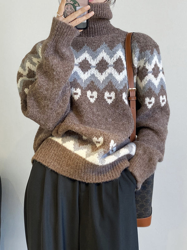 Women High Neck Printed Loose Sweater