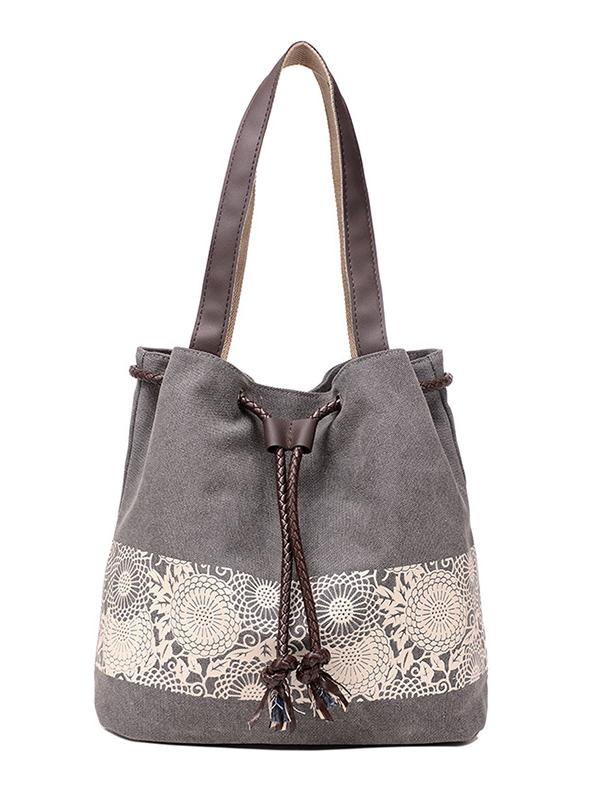 Ethnic Style Printed Canvas Drawstring Bucket Bag