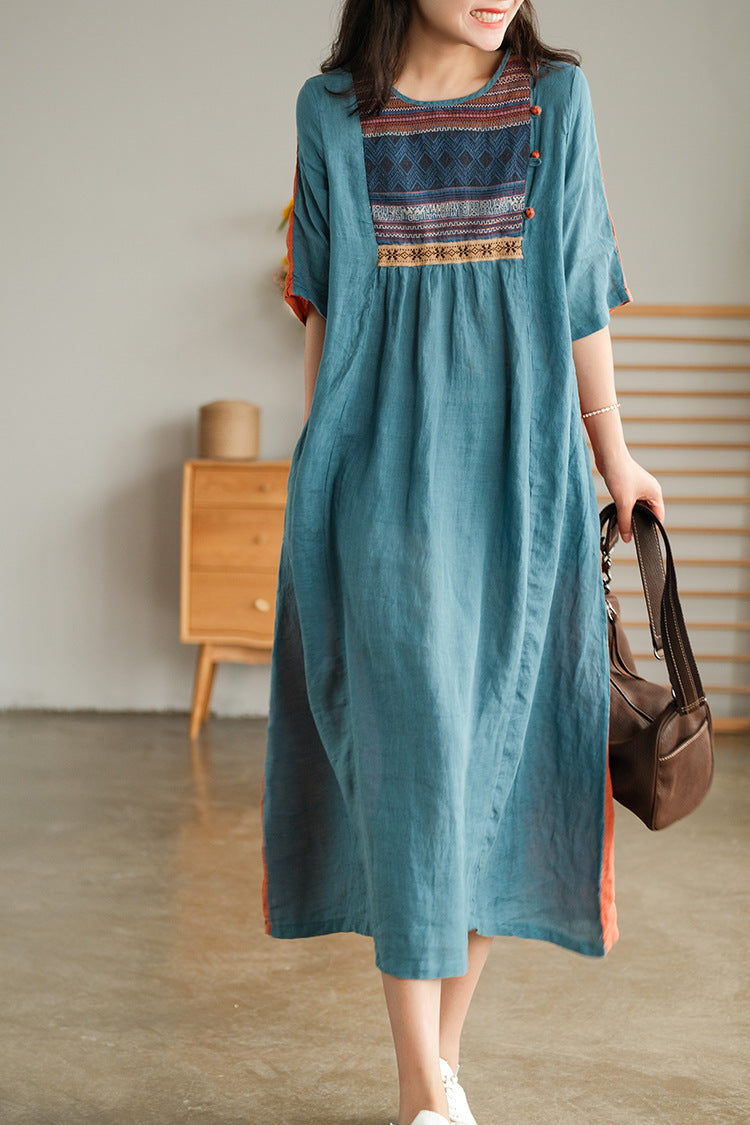 Embroidered Retro Loose Casual A-Line Maxi Dress