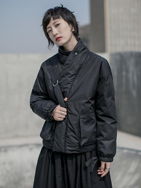 Black Stand Collar Zipper Thickening Coat