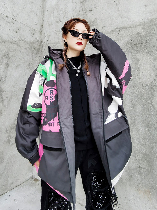 Women Printed Pocket Padded Hooded Coat