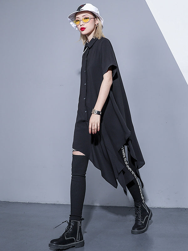 Urban Irregular Short Sleeves Black Blouse Shirt Dress
