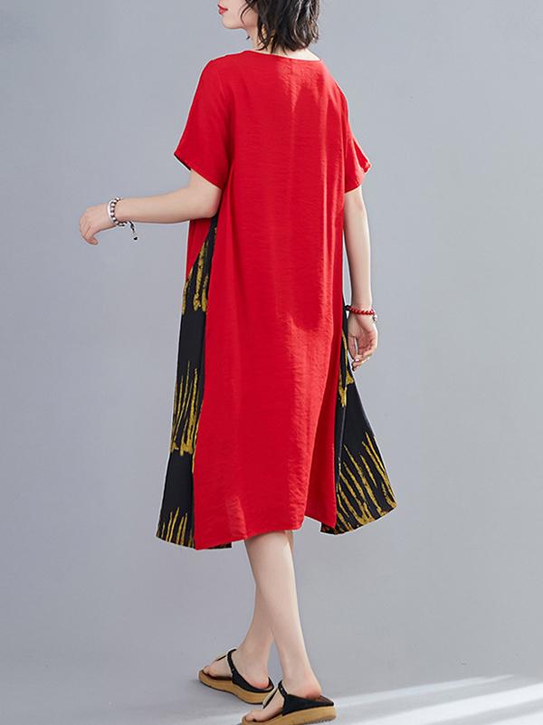 Loose Round Neck Printed Splicing Dress