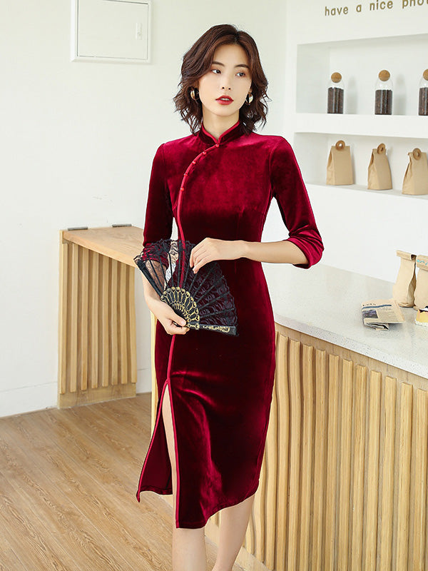 Vintage Stand Up Collar Black Seven Part Sleeve Cheongsam Maxi Dress