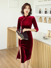 Vintage Stand Up Collar Black Seven Part Sleeve Cheongsam Maxi Dress