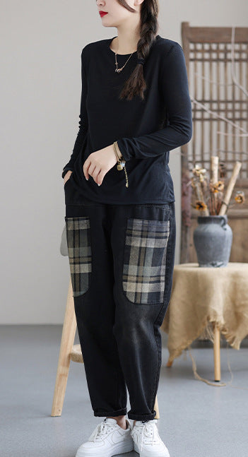 Retro Loose Stitching Pocket Plaid Jeans