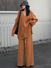 Casual Long Sleeves Pure Color V-Neck Sweater Top&Wide Leg Pants Two Pieces Set