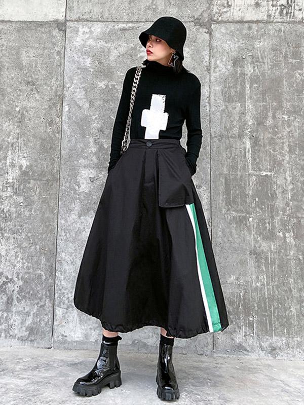 Loose High-Waisted Splicing Color A-Line Skirt