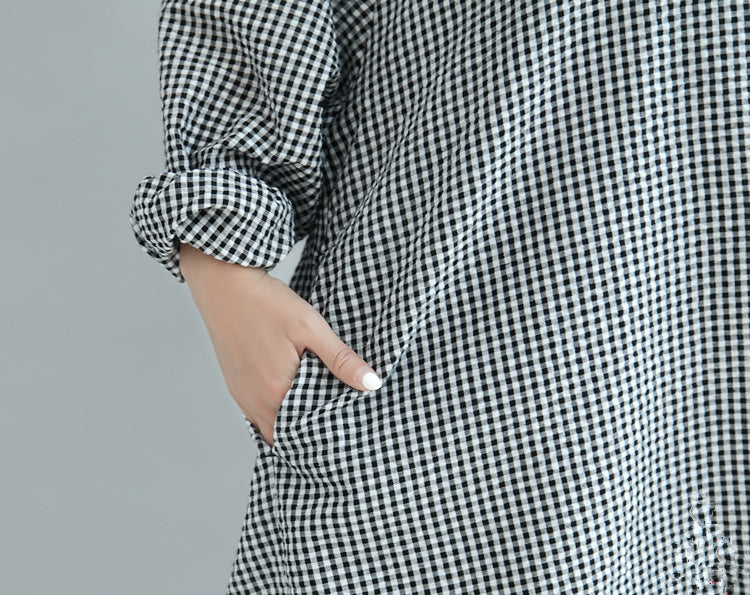 Women V-Neck Check Waist Loose Dress