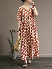 Loose Polka Dot Printed V-neck Long Dress