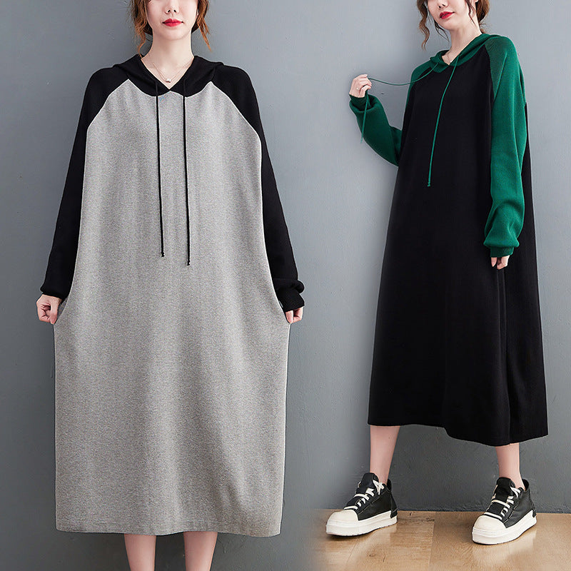 Retro Loose Color-Block Hooded Midi Dress