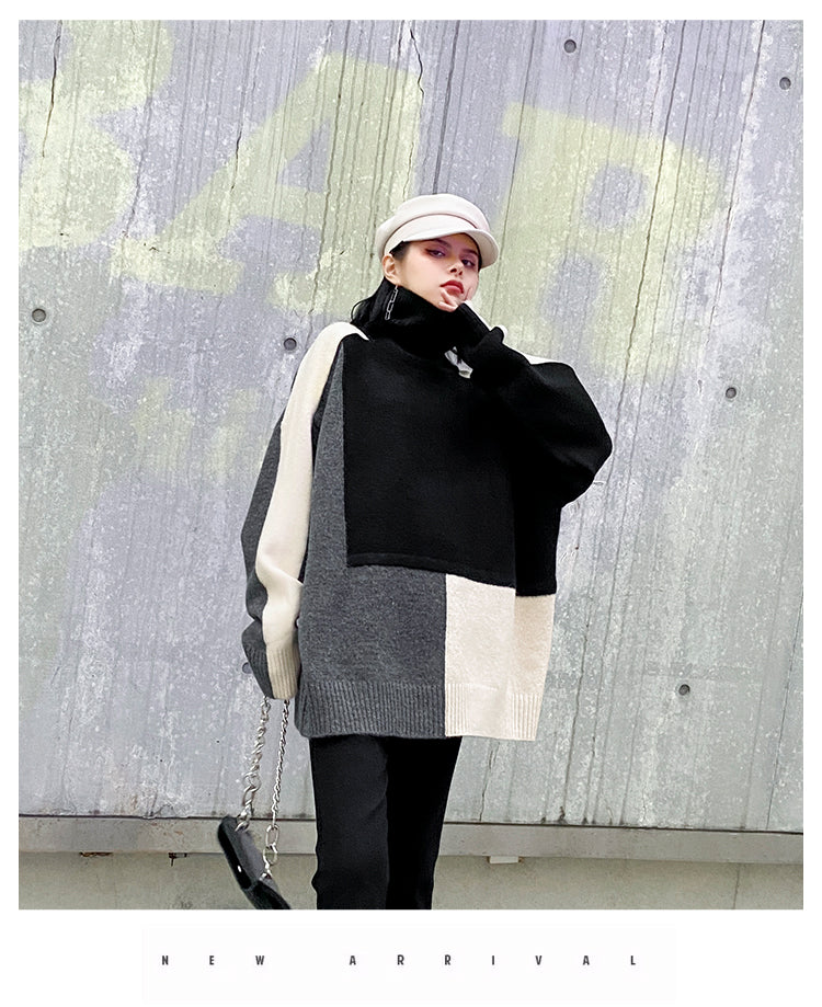 Urban Color-Block Splicing Knitted High-Neck Sweater