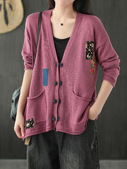 Women V-Neck Patch Cardigan Sweater