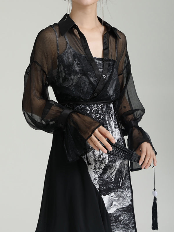 Long Sleeves Roomy Floral Lace-Up See-Through Split-Joint Lapel Blouses&Shirts Tops