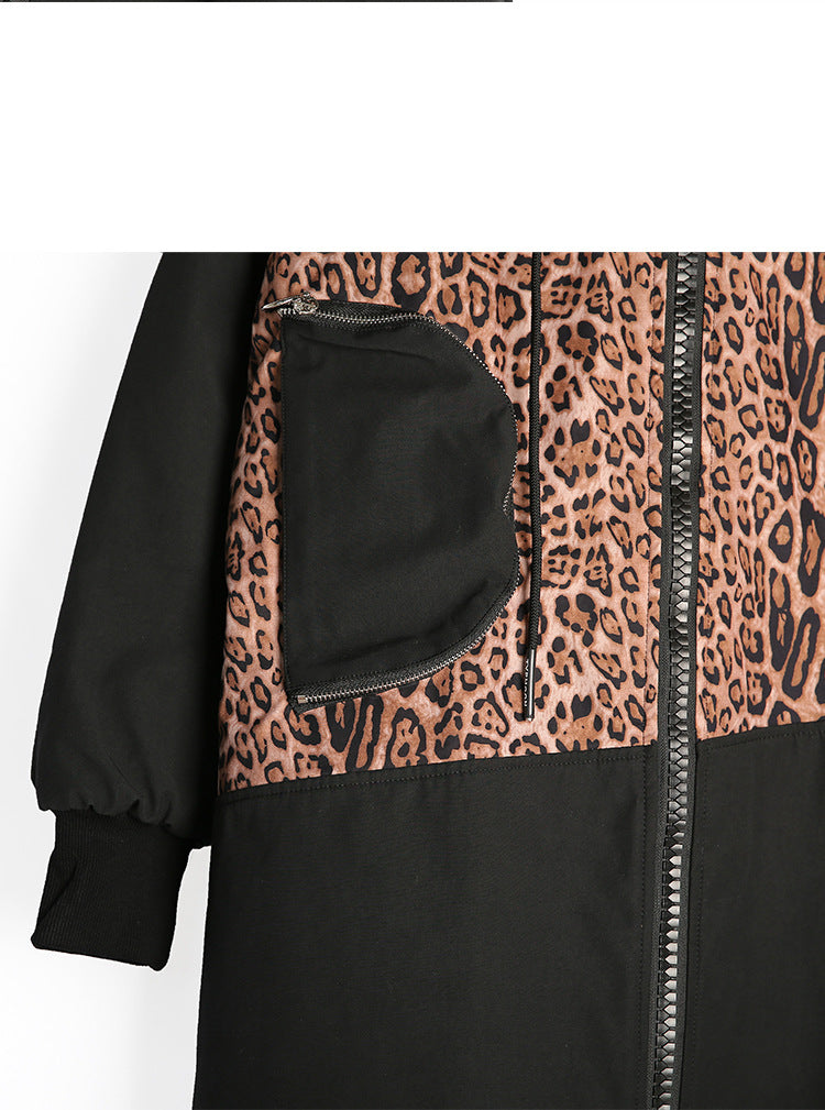 Zipper Stitching Leopard Print Hooded Puffer Long Coat