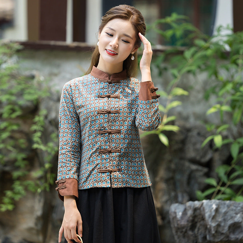 Retro Floral Plate Buckle Tang Suit Jacket