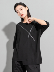 Stylish Black Asymmetric Round-Neck Short Sleeves T-Shirts