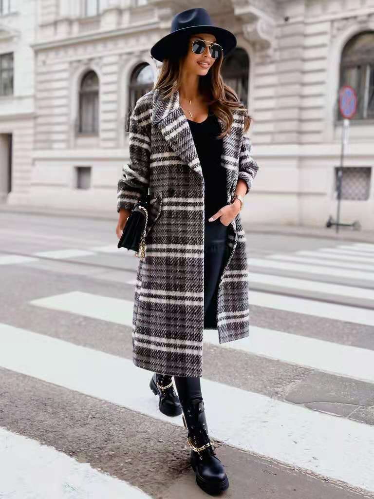 Classic Plaid Lapel Collar Midi Outerwear