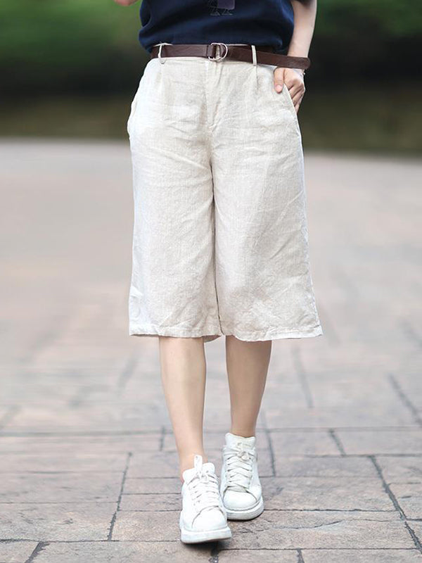 Solid Casual Flax Wide Leg Shorts