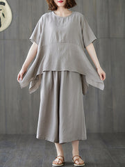 Women Solid Color High Waist Casual Loose Two-Piece Suit