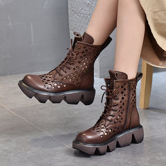 Hollow Thick Bottom Lace Up Round Toe Hole Cool Boots