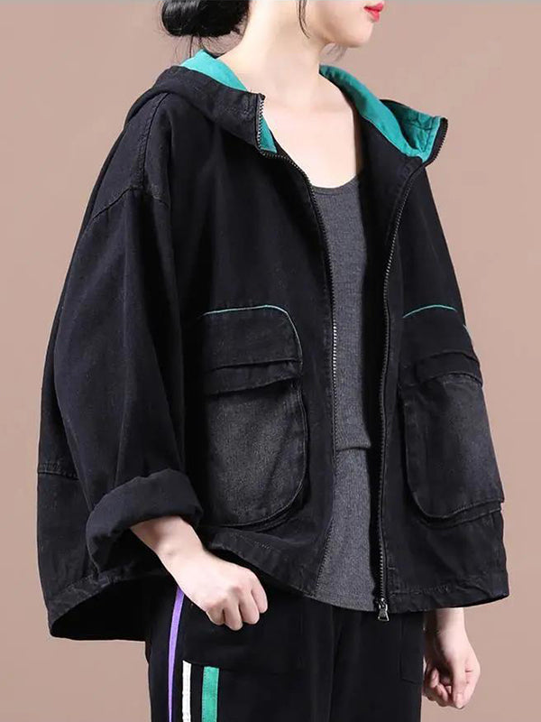 Loose Splicing Denim Hoodie Outwear