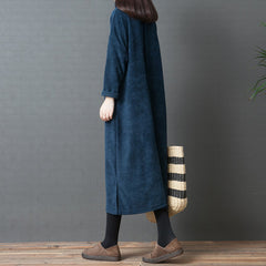 Retro High Neck Solid Color Long Sleeve  Midi Dress