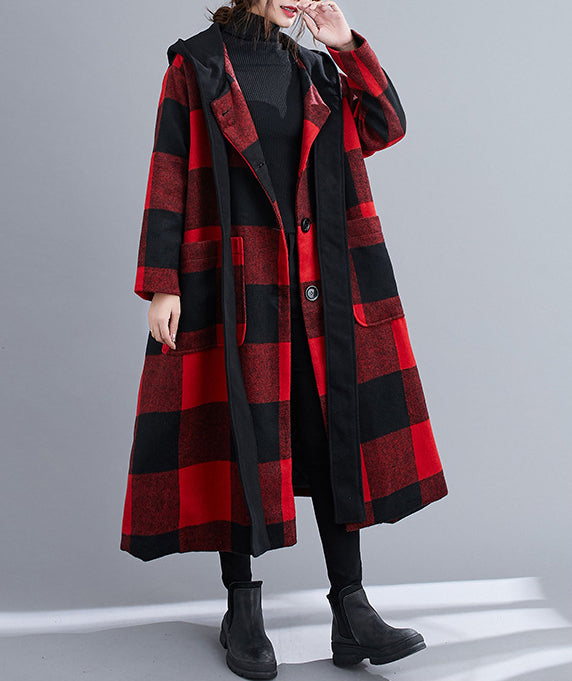 Hooded Thick Woolen Plaid Loose Long Coat