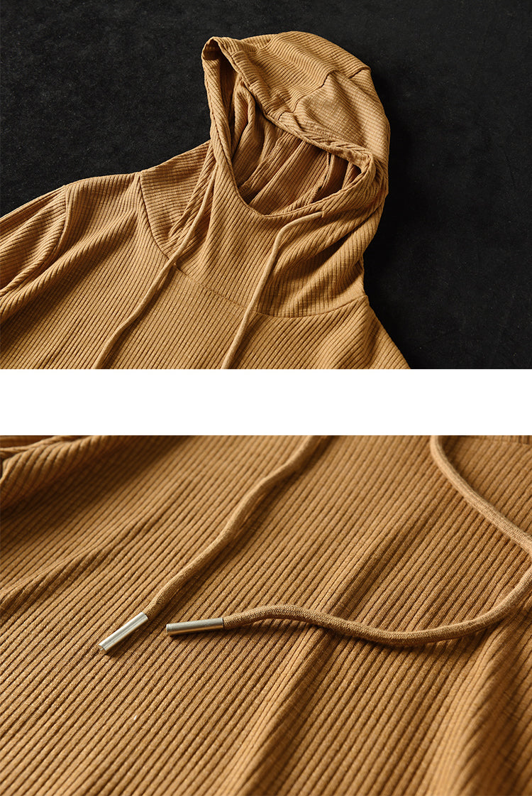 Solid Color Pit Striped Hooded Loose T-Shirt