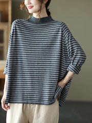 Slouchy Style Round Collar Striped Shirt