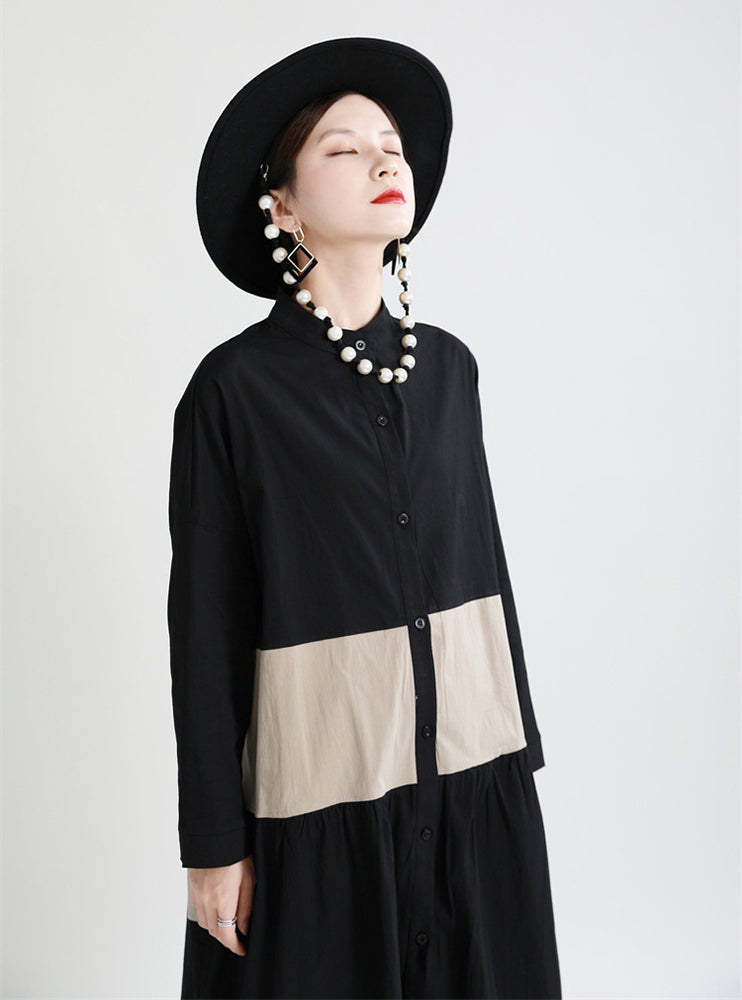 Stitching Contrast Color Loose Big Swing Long Sleeve Dress