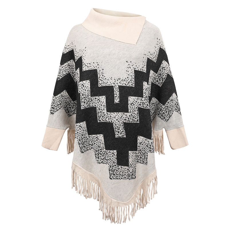 Loose Tassel Abstract Printed Knitted Shawl Sweater