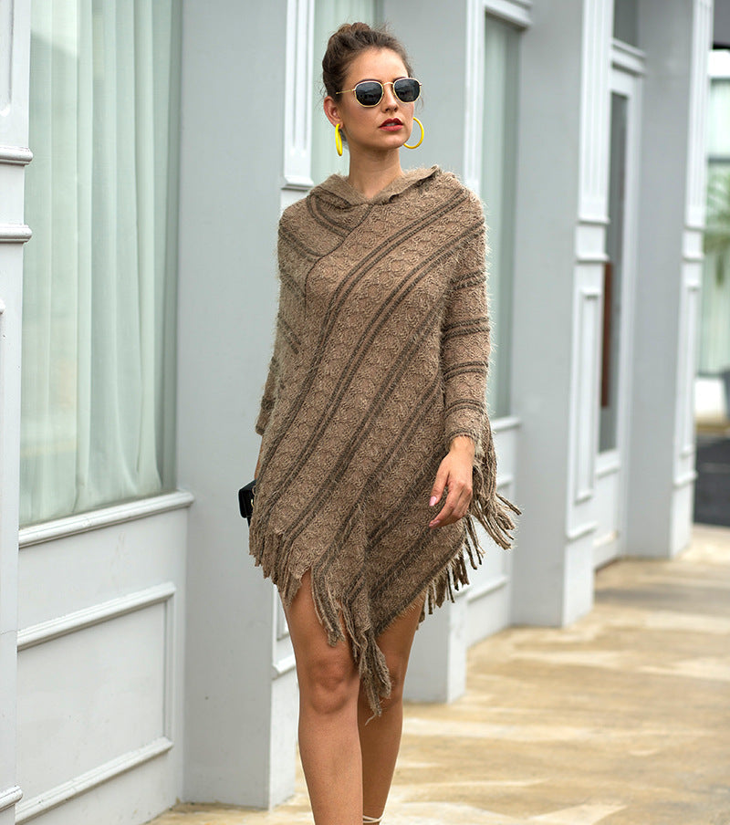 Casual Striped Knitted Hooded Shawl Sweater