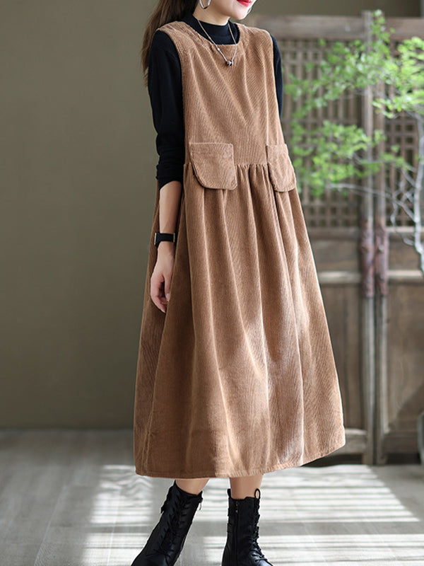 Round Neck Solid Loose Corduroy Midi Dress