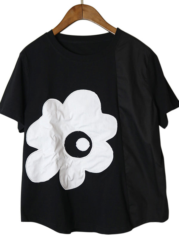 Round Neck Embroidery Small Flowers T-Shirt Tops